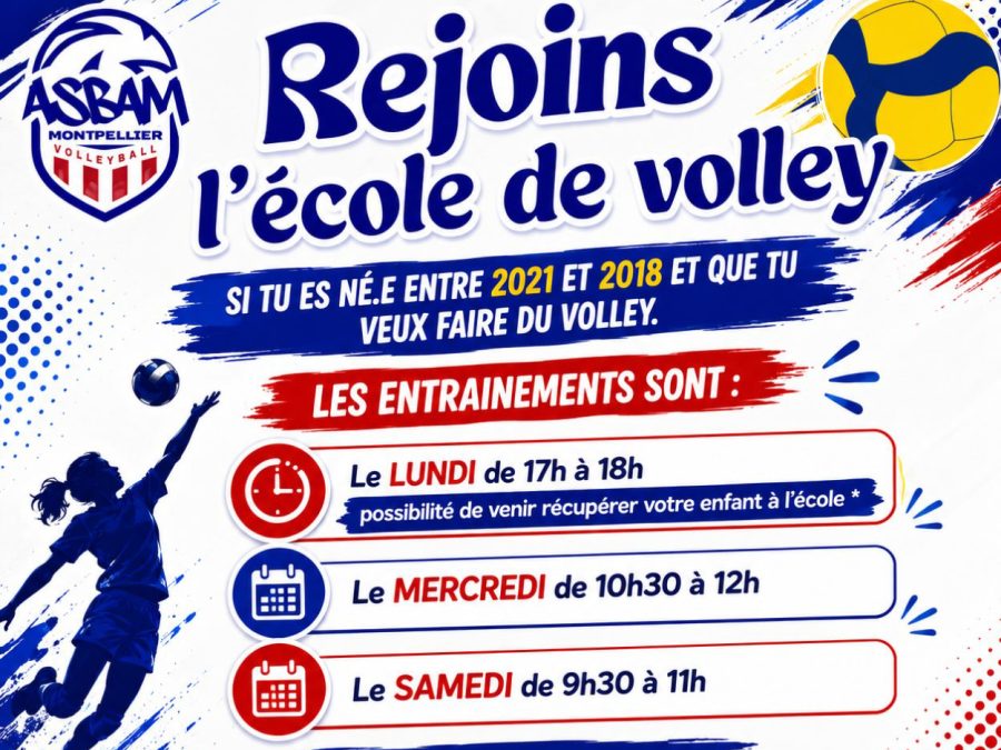 Affiche de l’école de volley de l’ASBAM Montpellier : enfants dès 5 ans, entraînements le lundi, le mercredi et le samedi
