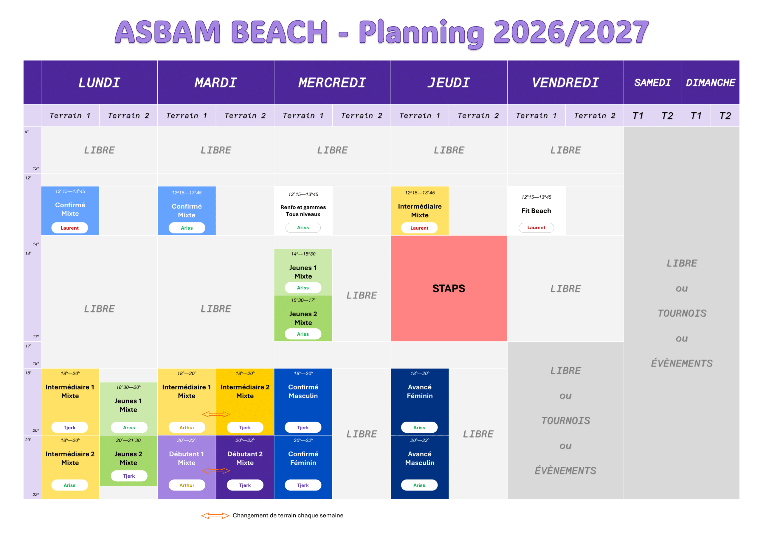 Planning des créneaux Beach-Volley ASBAM Montpellier saison 2026-2027