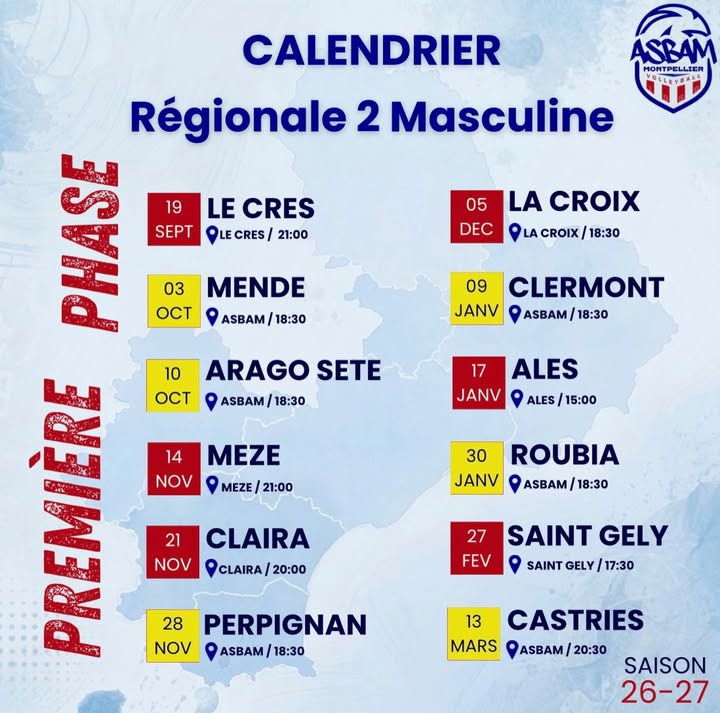 Calendrier de la première phase de la Régionale 2 Masculine de l’ASBAM Montpellier, saison 2026-2027 : 12 matchs du 19 septembre au 13 mars