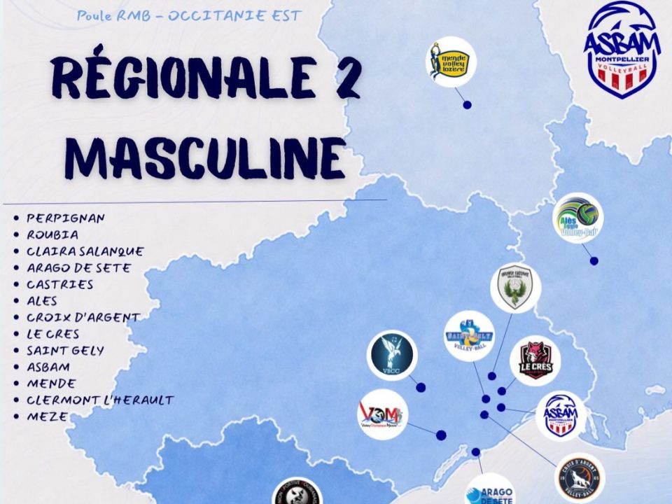 Régionale 2 Masculine : poule RMB Occitanie Est, carte et liste des équipes de la saison 2026-2027 avec l’ASBAM Montpellier